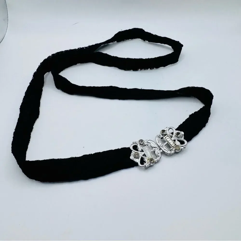 VTG WMCA Art Deco Silver Tone Belt Buckle Black Lace Belt Missing Rhinestones